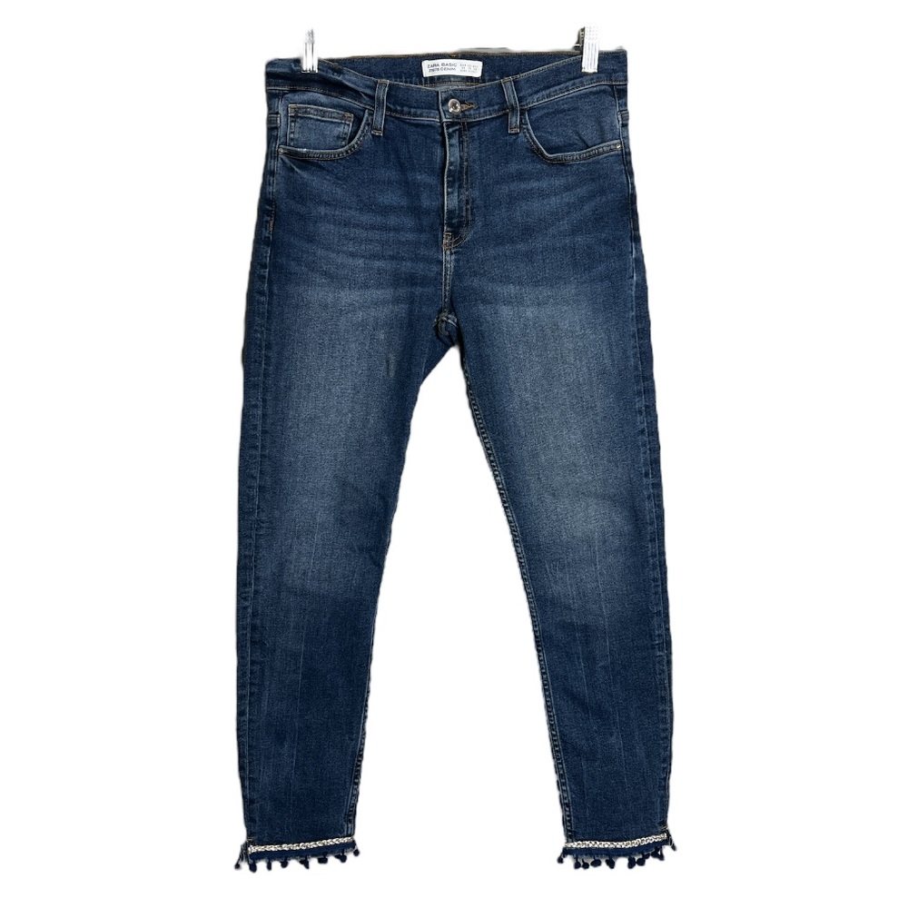 Zara Basic Fun Denim Crop Jeans Blue Medium Wash Pom Pom Metallic Band Trim Hems
